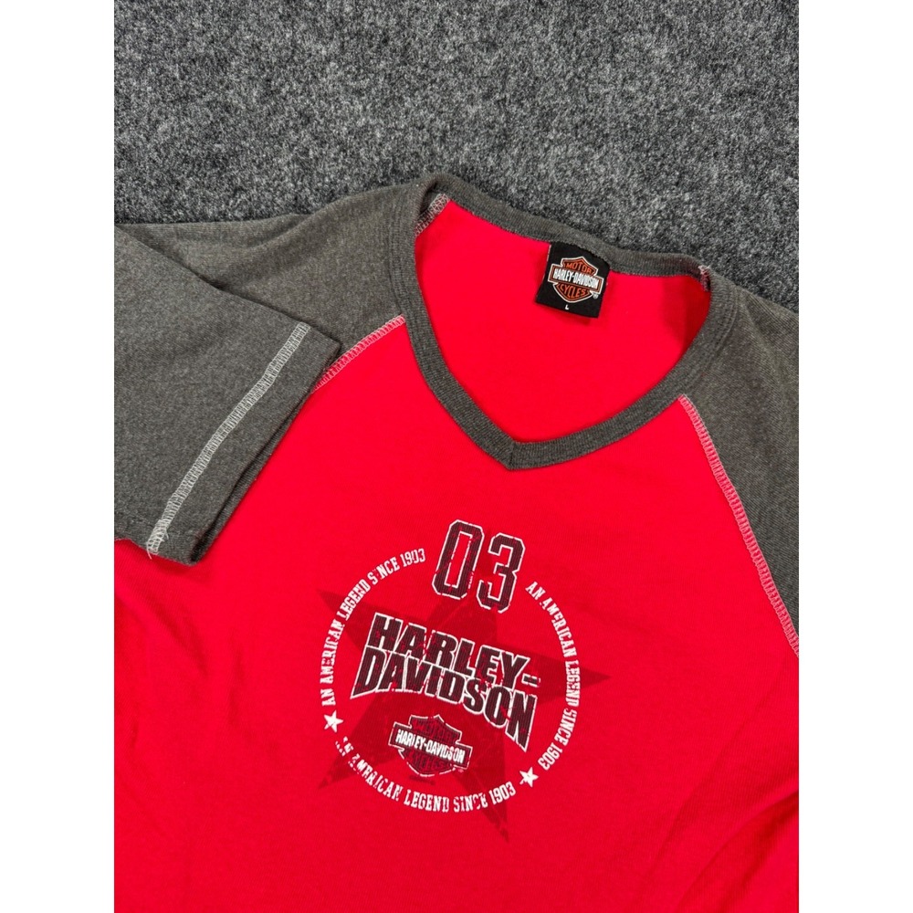 Harley Davidson 2003 Womens L 3/4 Sleeve Raglan V Neck Shirt Red Gray